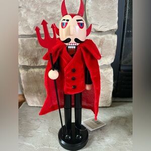 NWT Red Devil Nutcracker Figurine Hand Painted Wood Goth Pitchfork Red 14”